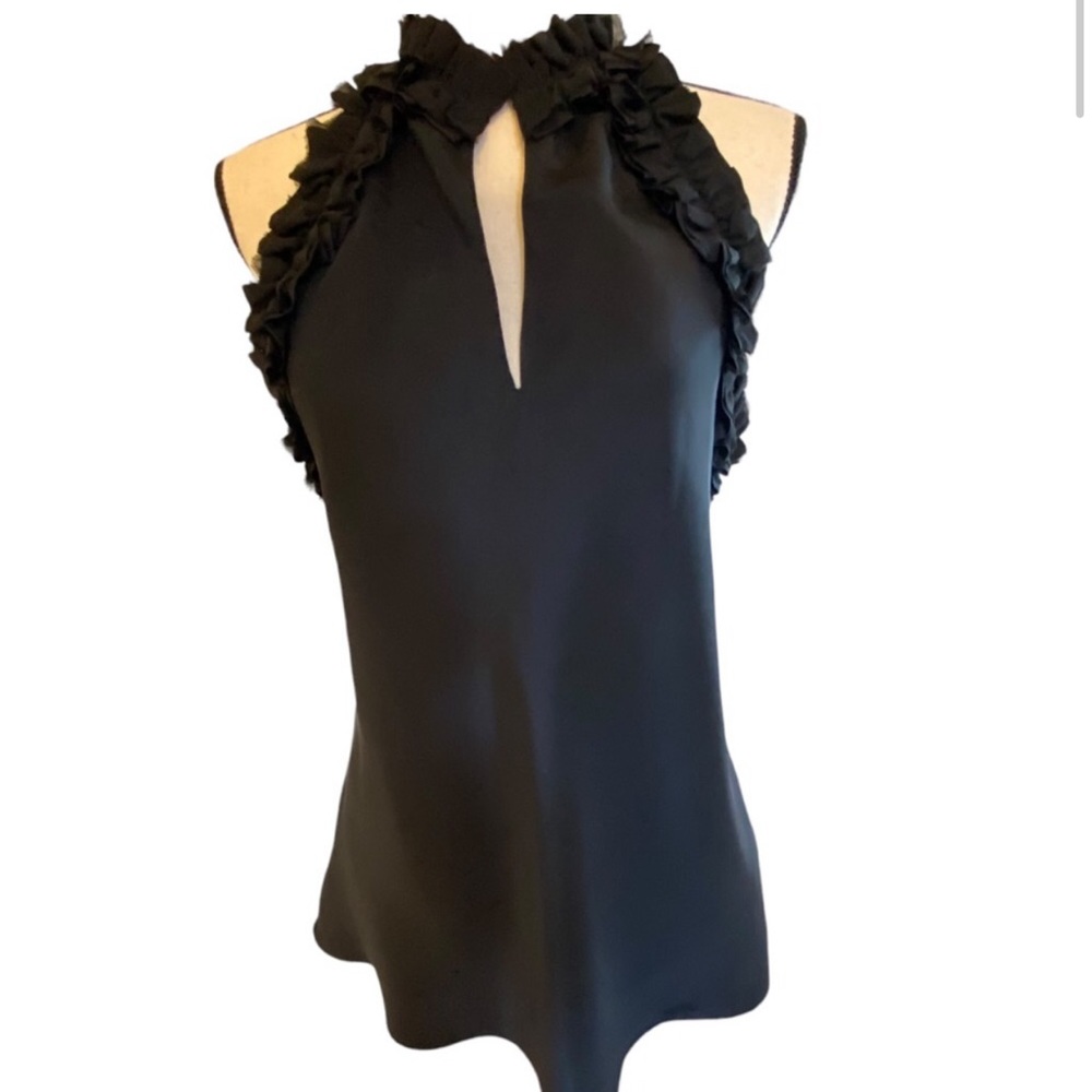 Banana Republic 100% Silk Sz XS Black Sleeveless Ruffle Top Keyhole Neckline